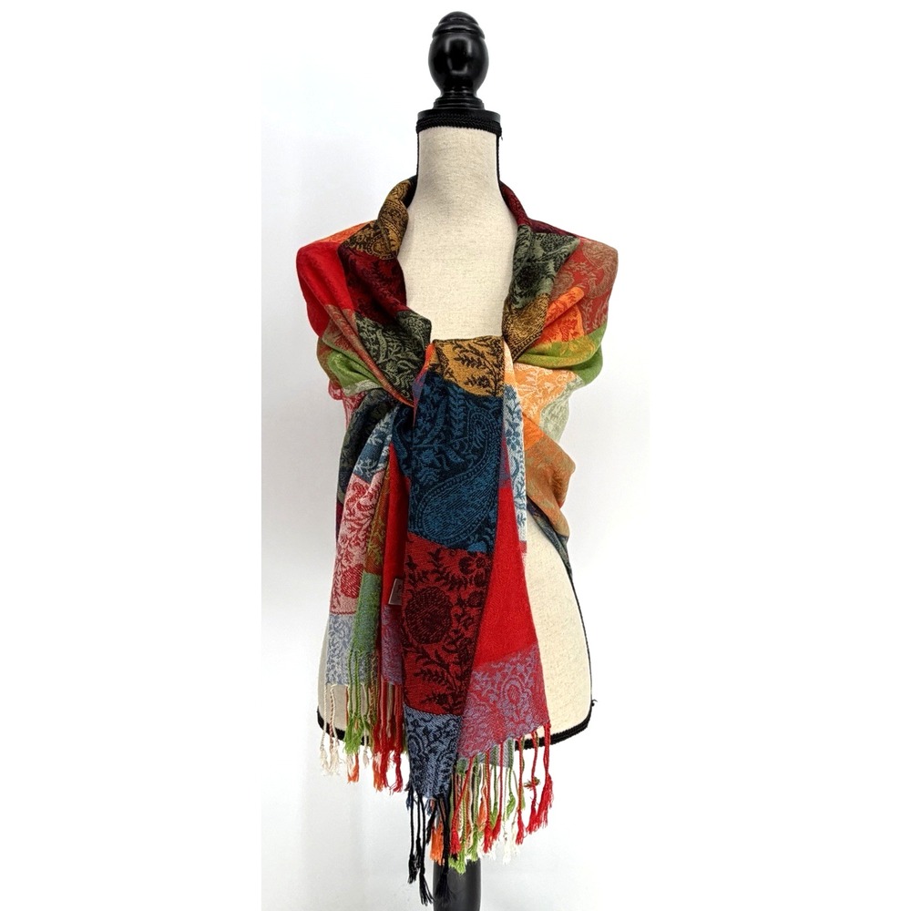 Pashmina Silk Blend Patchwork Paisley Scarf Shawl Wrap Multicolor With Fringe